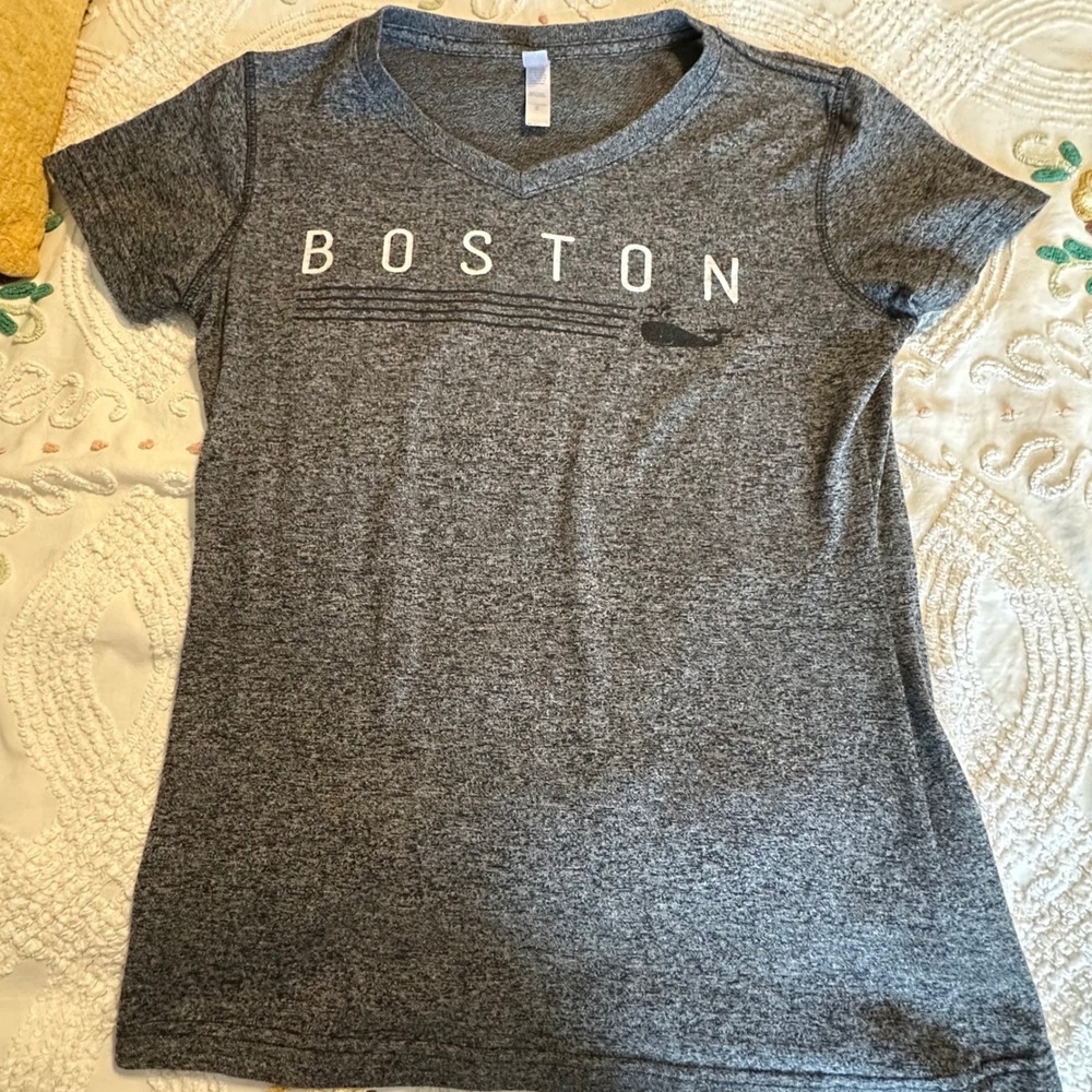 Teemax Boston Whale Graphic V-Neck T-Shirt Womens Small Charcoal Grey Heather